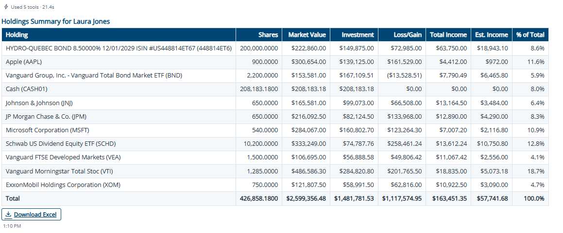 Example FacetAI holdings summary with holdings, values, gains, income, and totals for test data.