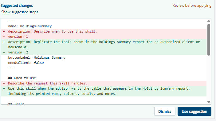 Suggested skill changes ready to review before applying.