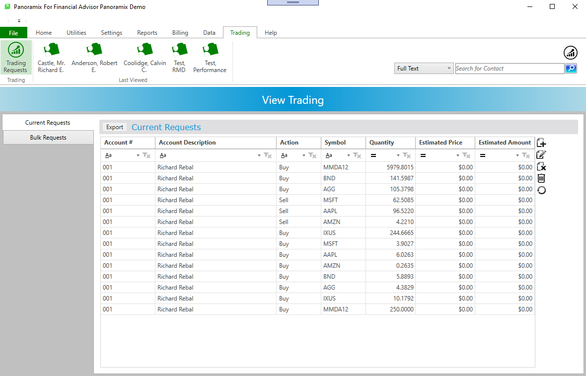 The Panoramix Pro trading dashboard, listing current trade requests by account, action, symbol and quantity.